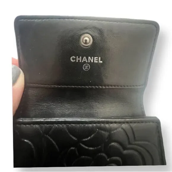 Chanel Black Lambskin Camellia Embossed Short Trifold Wallet - Picture 7 of 12